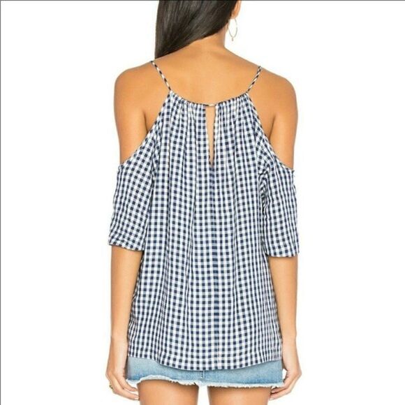 Velvet Graham & Spencer Gingham Cold Shoulder Top Blue White XS - Picture 4 of 12